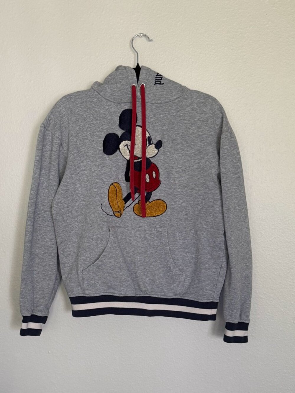 Disneyland Mickey Mouse Hoodie Small S Gray Chenille Patch Pullover Disney Parks